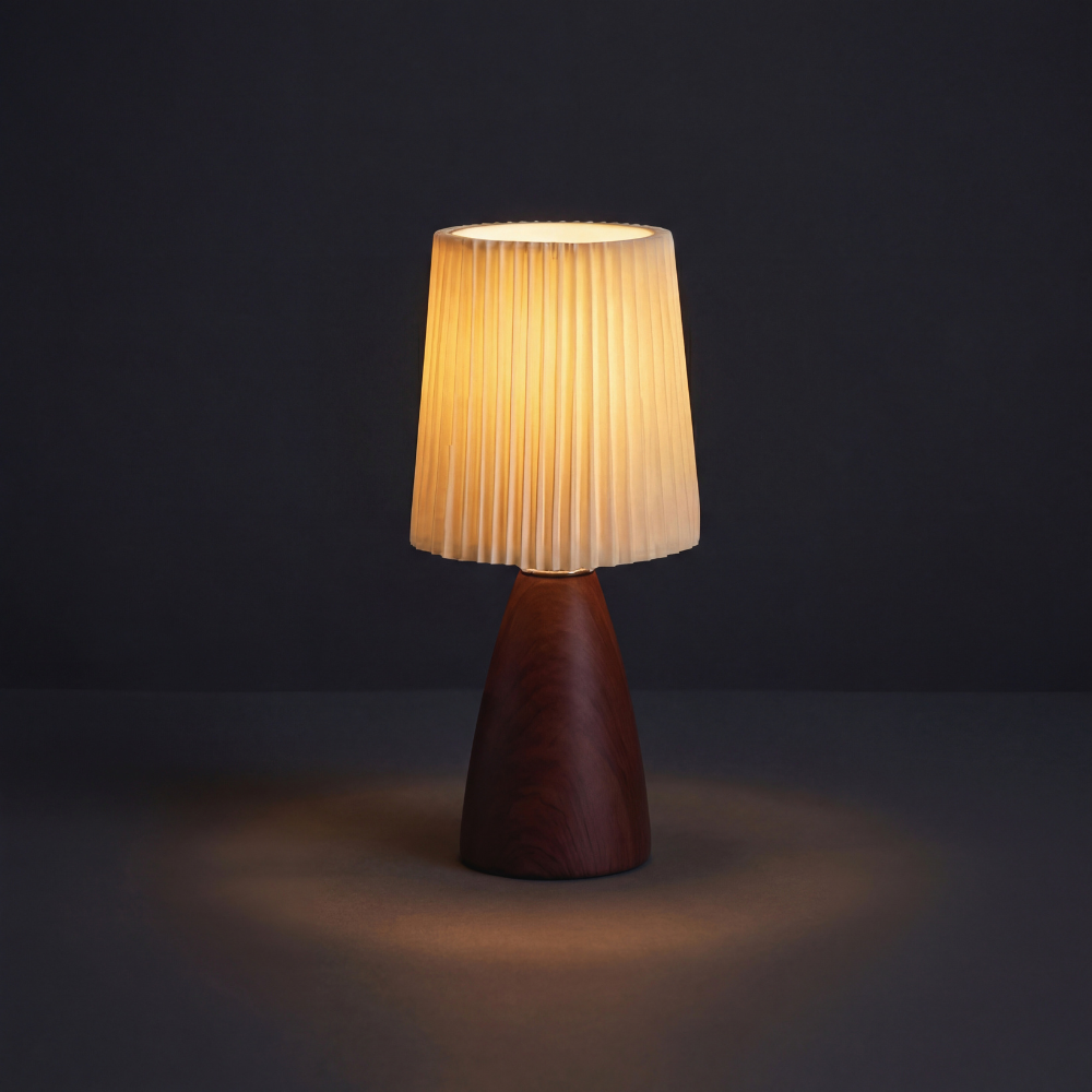 Retro Style Pleated Table Lamp - Rechargeable & Dimmable (Walnut Finish)