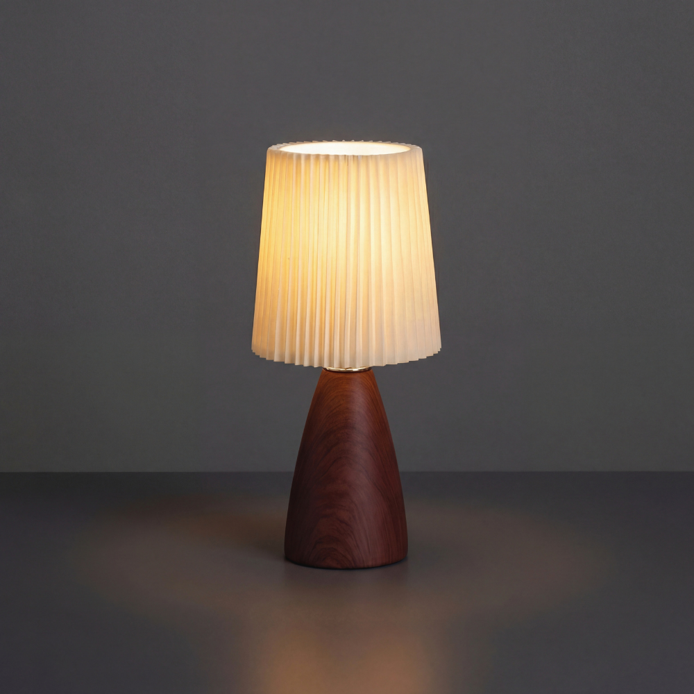 Retro Style Pleated Table Lamp - Rechargeable & Dimmable (Walnut Finish)