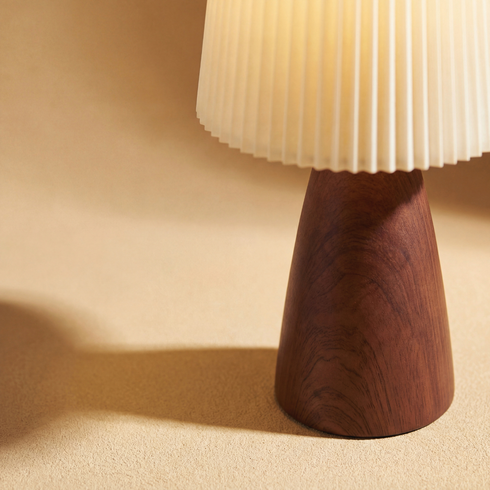 Retro Style Pleated Table Lamp - Rechargeable & Dimmable (Walnut Finish)