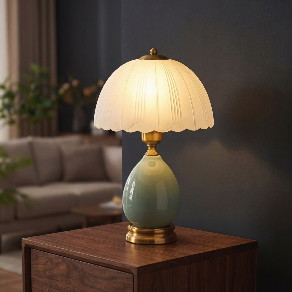 Retro Style Ceramic Table Lamp - Ice Crackle Finish & 3 Light Modes