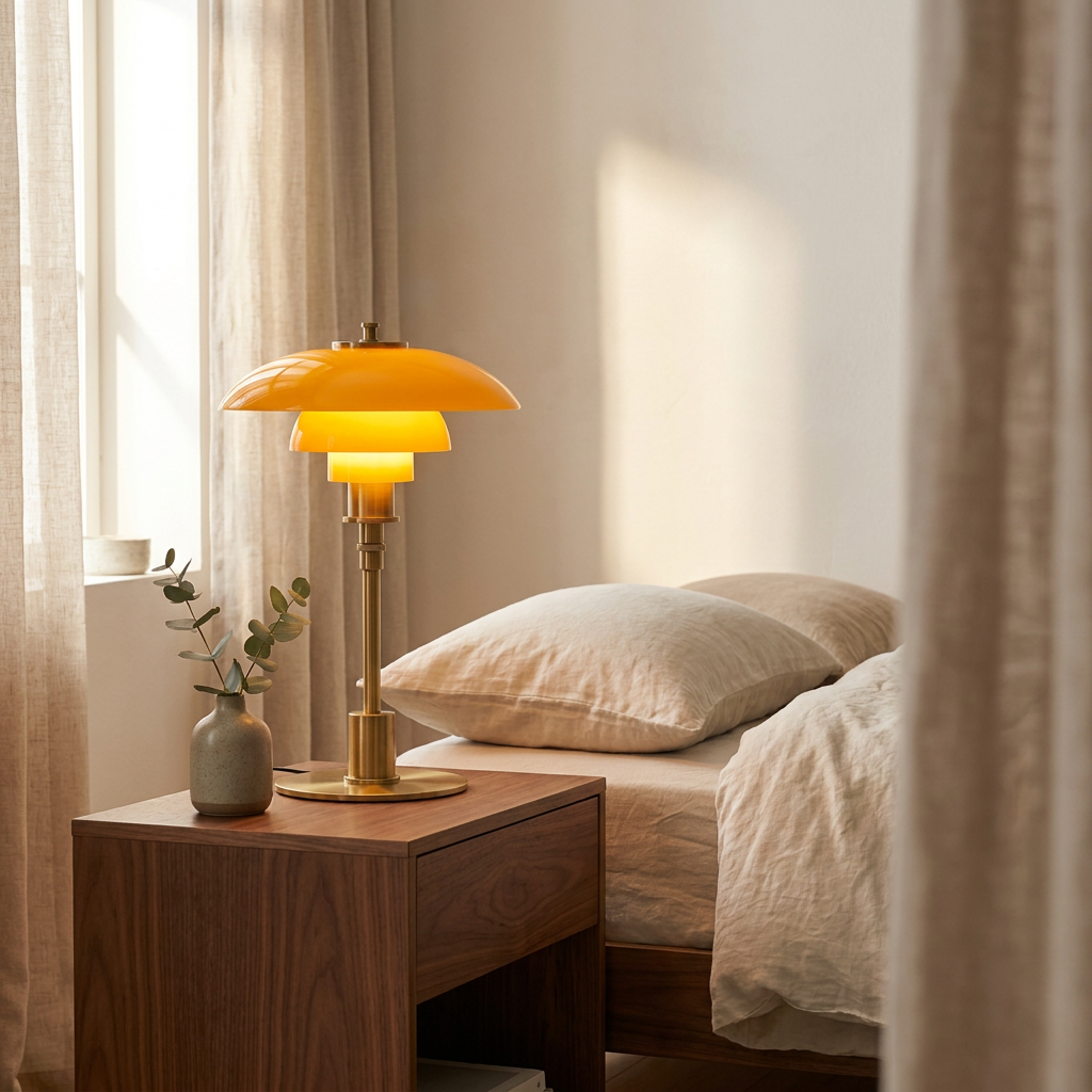 Halo Danish Designer Table Lamp on a walnut nightstand in a calm bedroom
