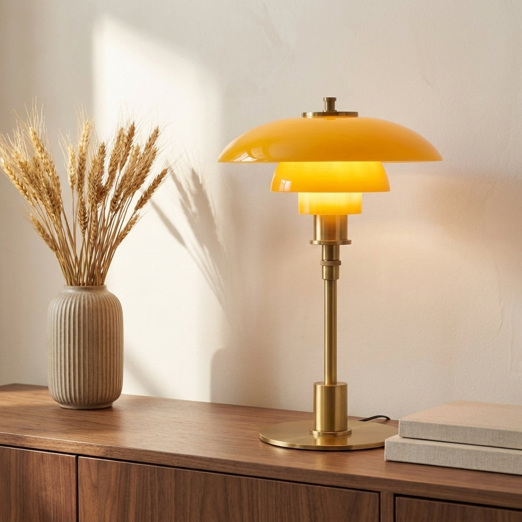 Halo Danish Designer Table Lamp on a walnut sideboard styled with stoneware