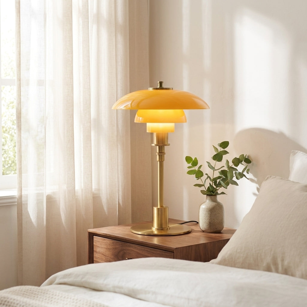 Halo Danish Designer Table Lamp in a sunlit bedroom corner