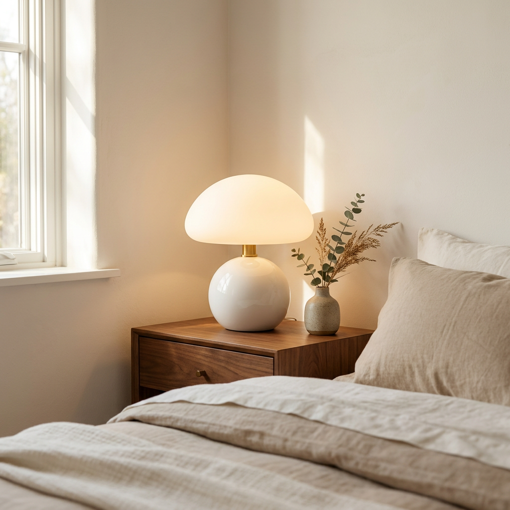 Halo Mushroom Ceramic Table Lamp on a walnut nightstand in a calm bedroom