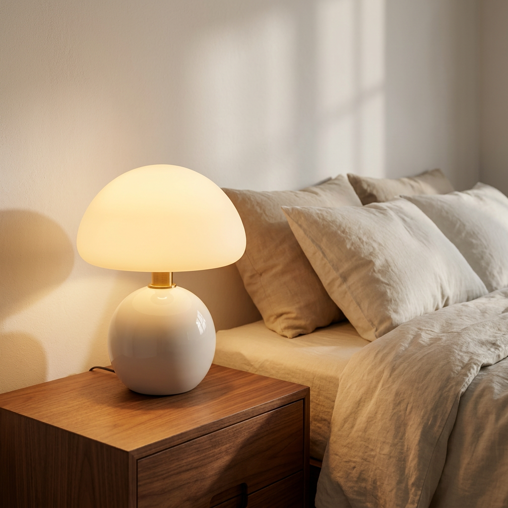Halo Mushroom Ceramic Table Lamp bedside in soft evening glow