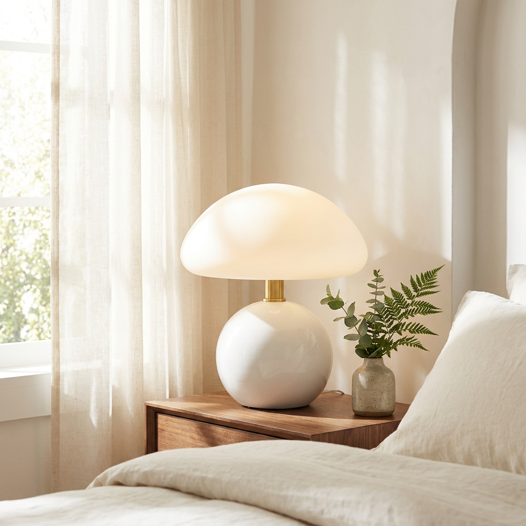 Halo Mushroom Ceramic Table Lamp in a sunlit bedroom corner