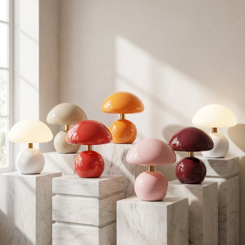 Halo Mushroom Ceramic Table Lamp colorway group on marble plinths