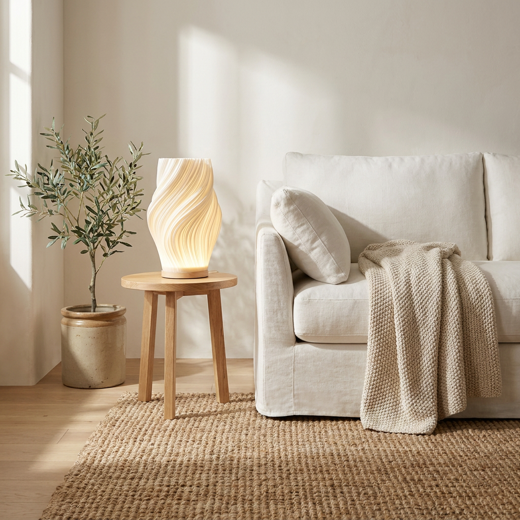 Halo Wavecrest Sculptural Table Lamp in a calm living room beside a linen sofa
