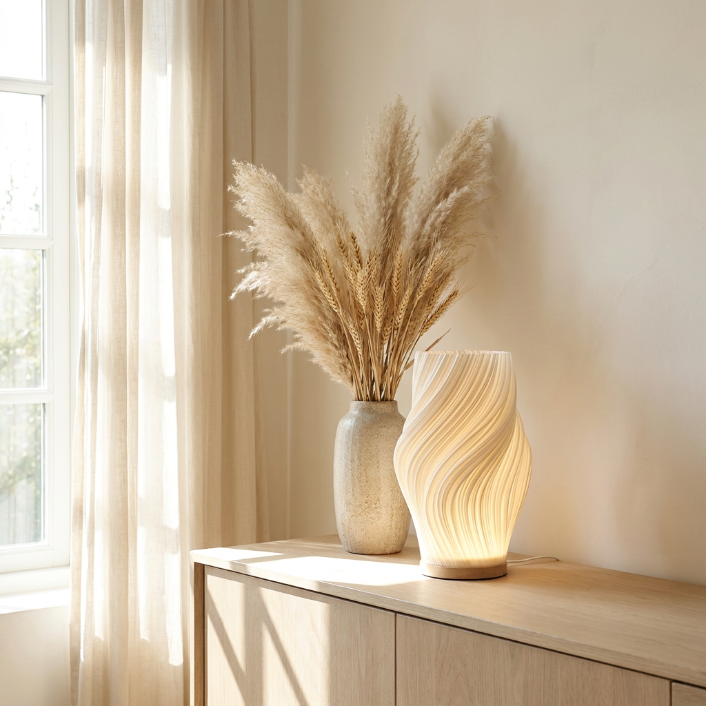 Halo Wavecrest Sculptural Table Lamp on a sunlit sideboard with dried wheat