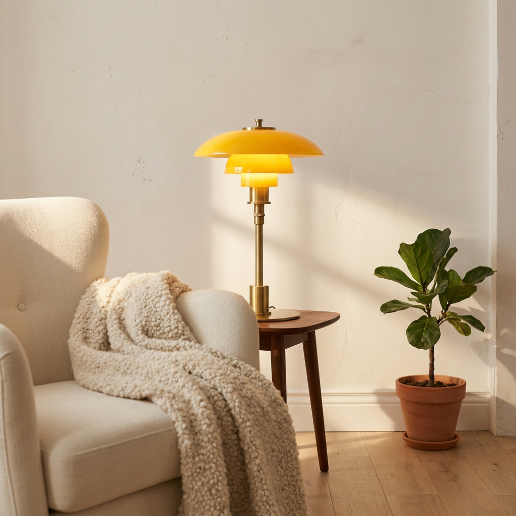 Halo Danish Designer Table Lamp in a reading nook with a cream armchair