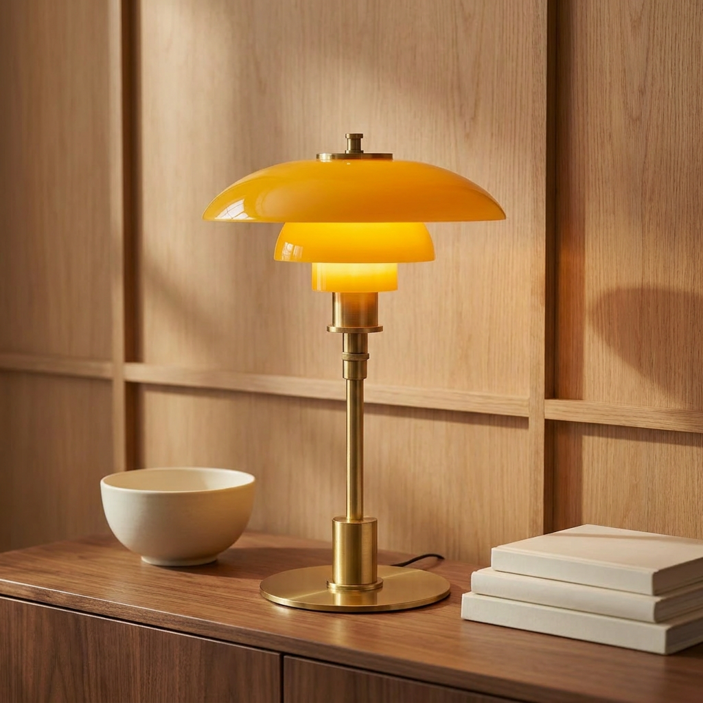Halo Danish Designer Table Lamp on a walnut console against wood-paneled wall