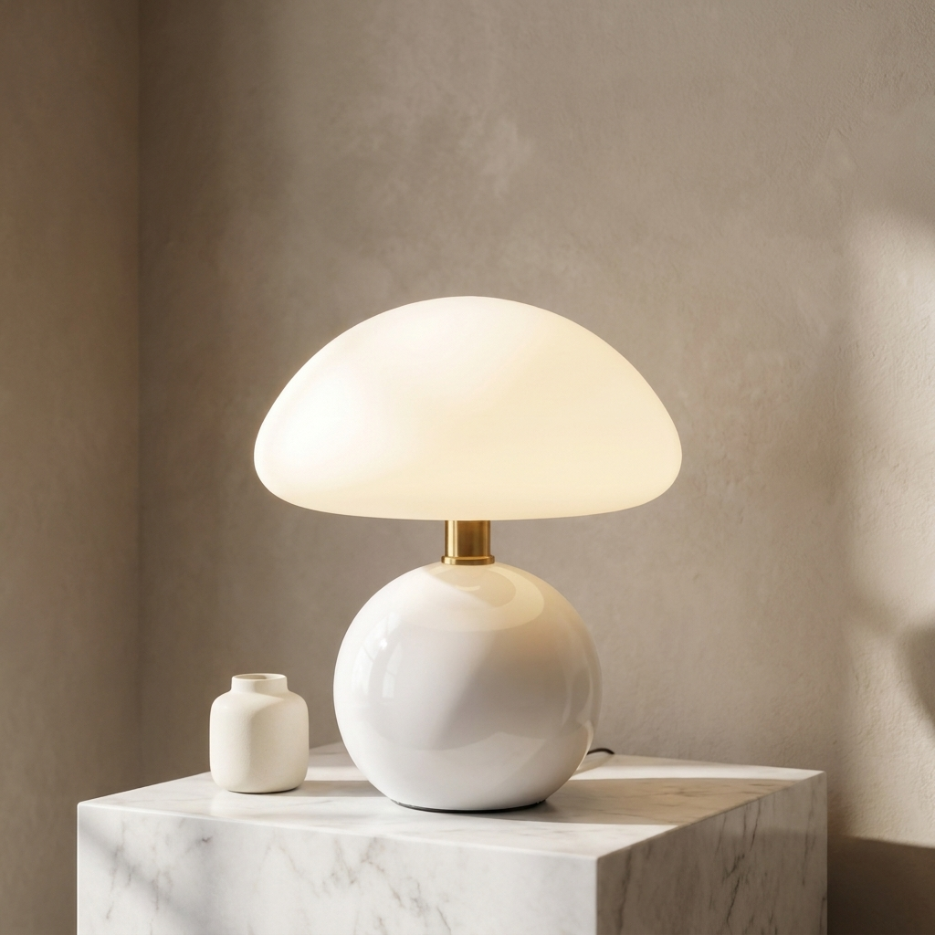 Halo Mushroom Ceramic Table Lamp on a marble plinth against a greige wall