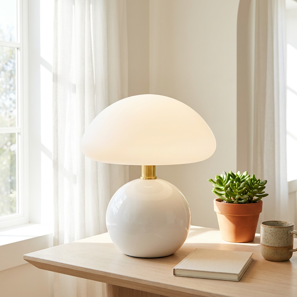 Halo Mushroom Ceramic Table Lamp on a sunny desk beside a bright window