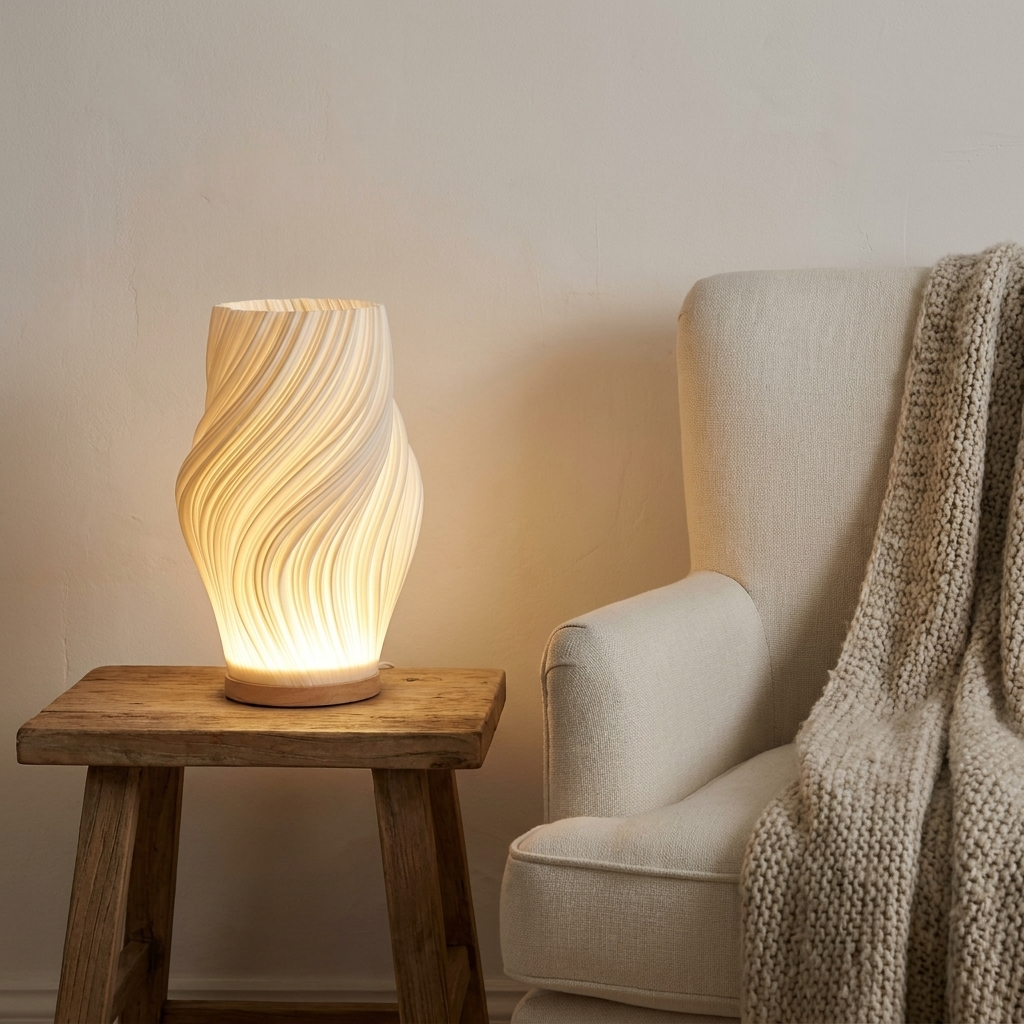 Halo Wavecrest Sculptural Table Lamp in a reading nook in soft evening glow