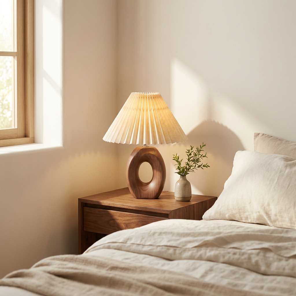 Halo Solace Sculpted Wood Table Lamp on a walnut nightstand in a calm bedroom, cordless