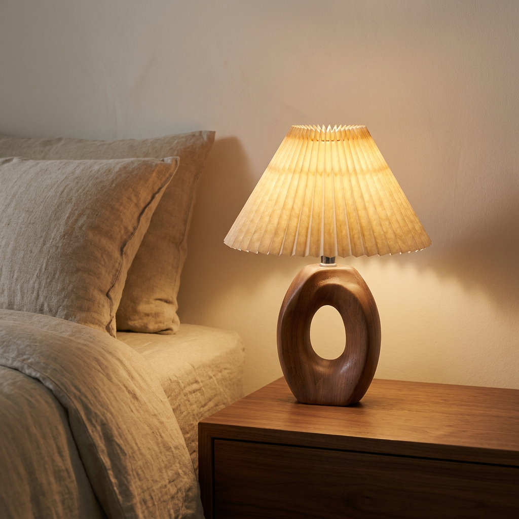 Halo Solace Sculpted Wood Table Lamp at bedside in soft evening glow, cordless