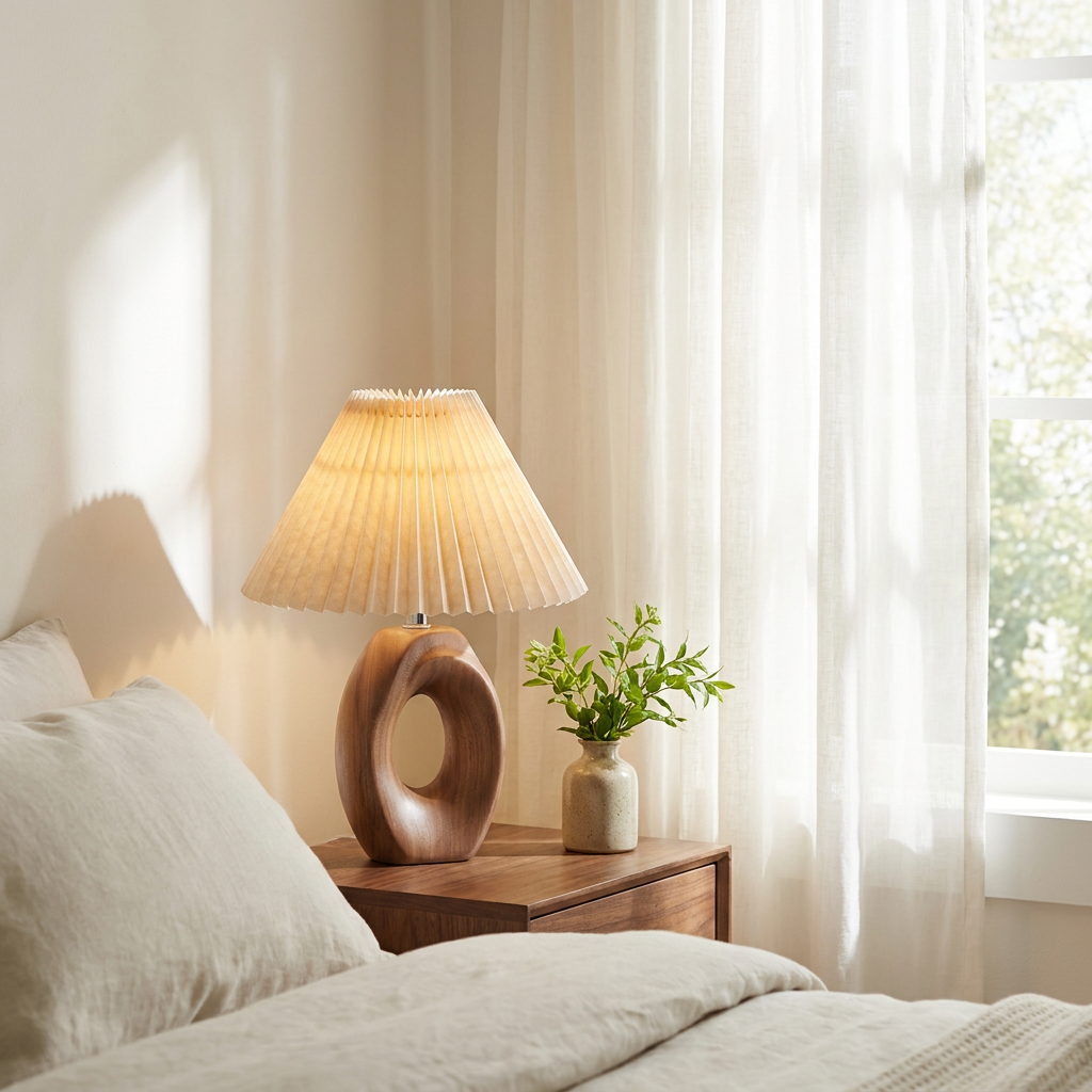 Halo Solace Sculpted Wood Table Lamp in a sunlit bedroom corner, cordless