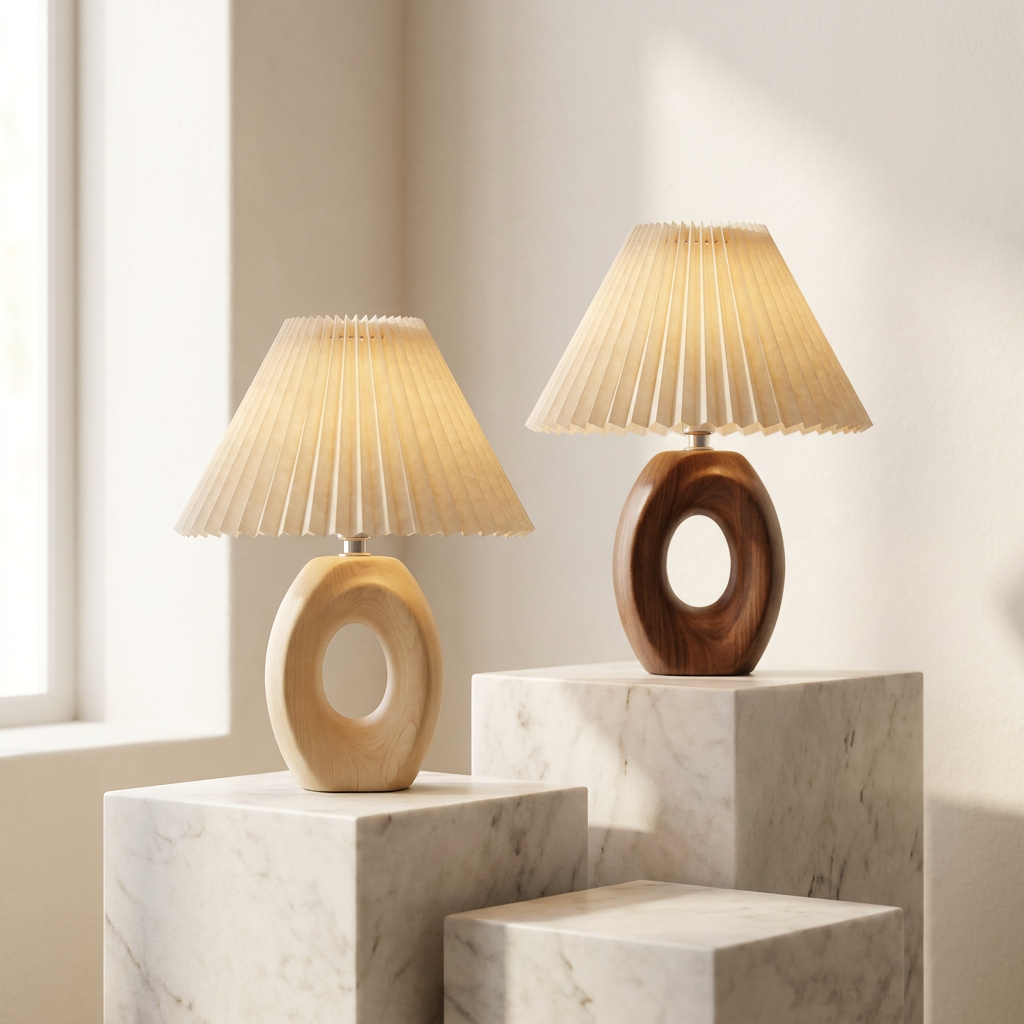 Halo Solace Sculpted Wood Table Lamp finish group on marble plinths, cordless