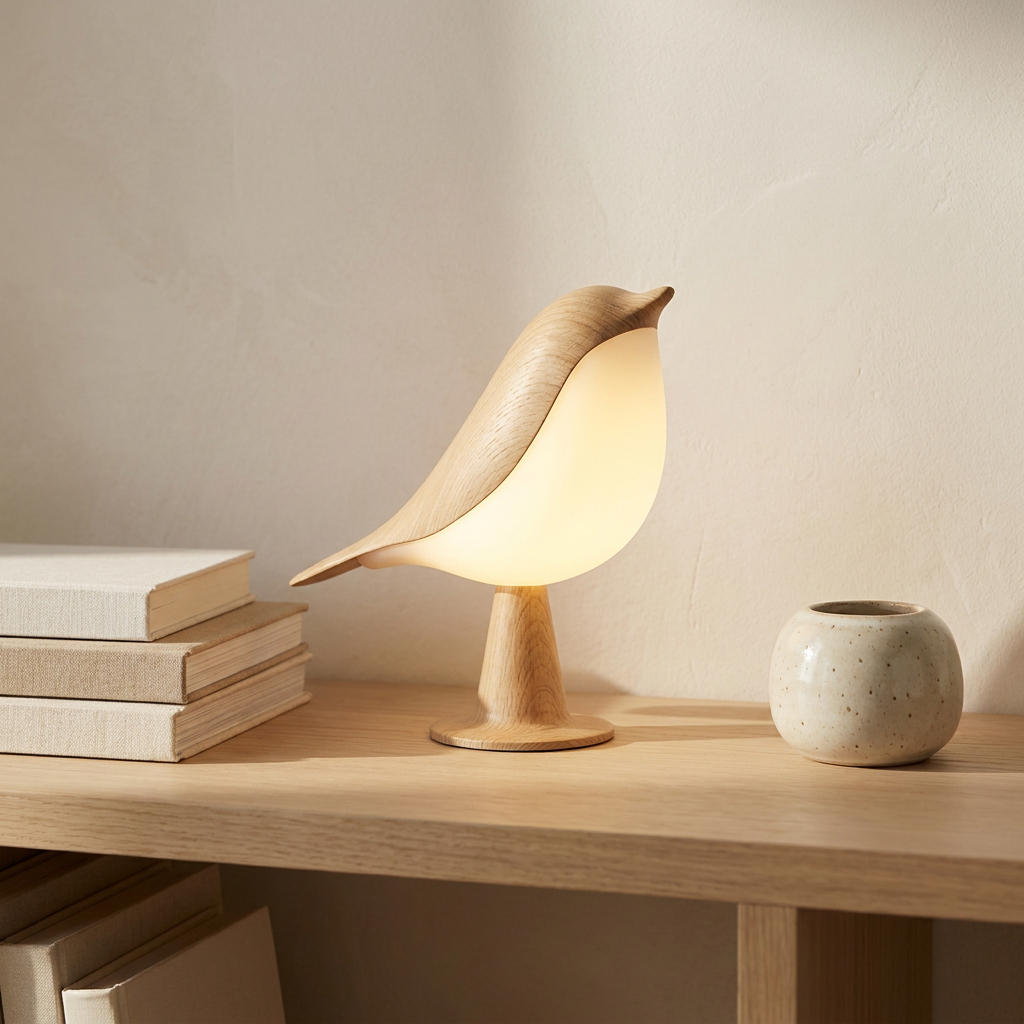 Halo Avira Bird Accent Table Lamp on a bookshelf surface styled with books, cordless