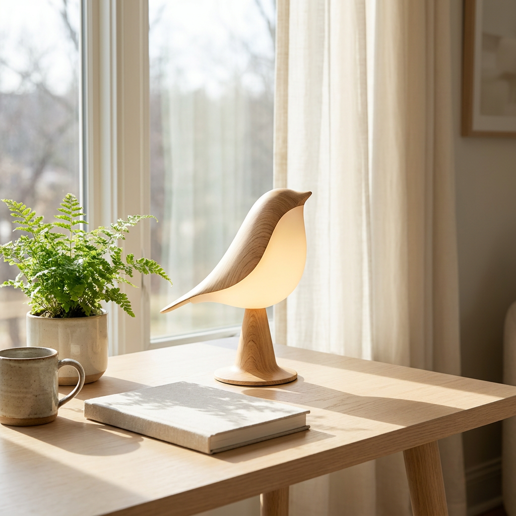 Halo Avira Bird Accent Table Lamp on a sunny desk beside a bright window, cordless