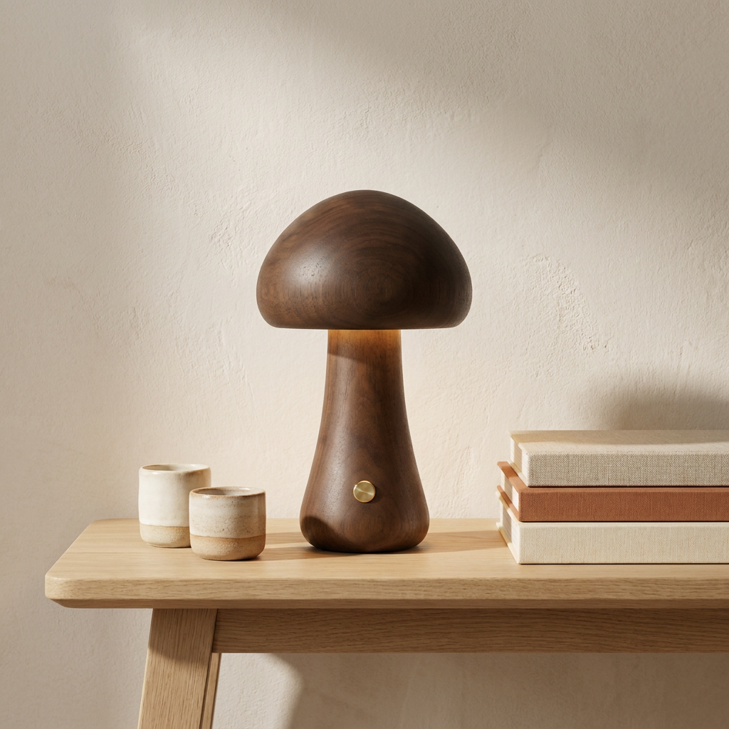 Halo Glow Mushroom Wood Table Lamp on a pale wood bench styled with ceramics, cordless