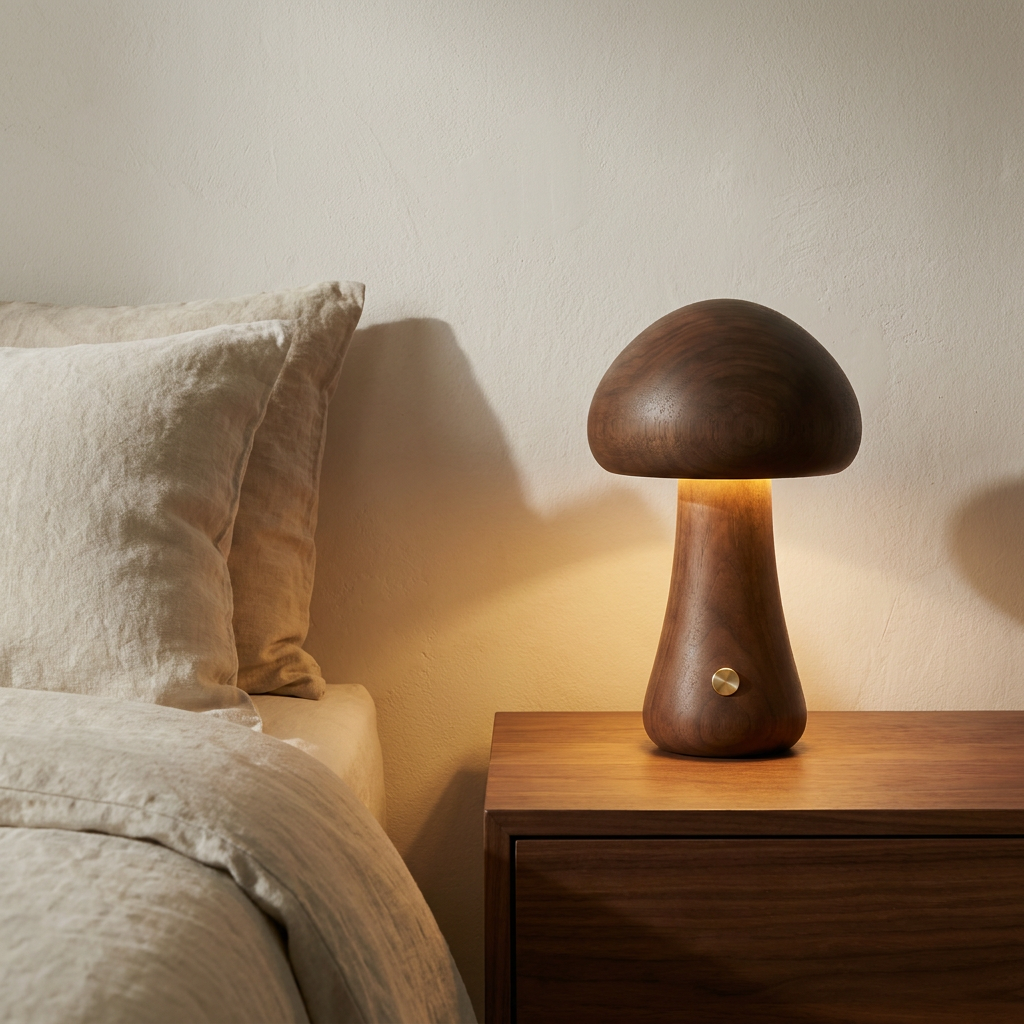 Halo Glow Mushroom Wood Table Lamp at bedside in soft evening glow, cordless