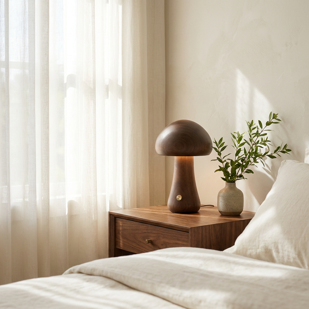 Halo Glow Mushroom Wood Table Lamp in a sunlit bedroom corner, cordless