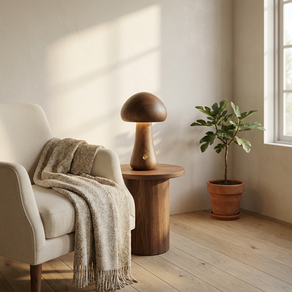 Halo Glow Mushroom Wood Table Lamp Walnut finish in a reading nook, cordless