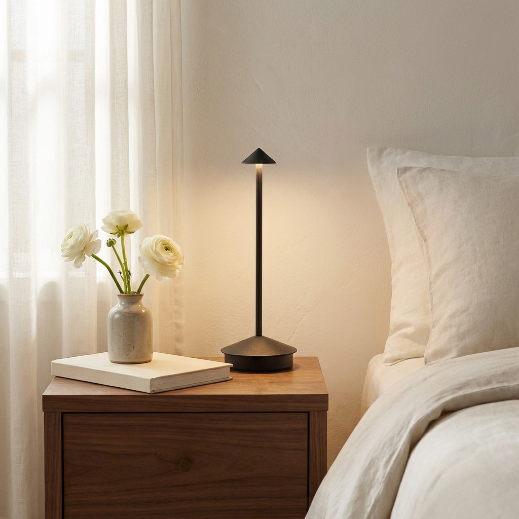 Halo Cordless Rechargeable Table Lamp on bedside nightstand