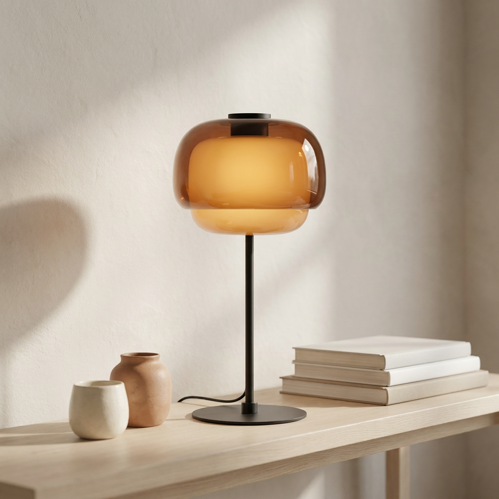 Halo Double Dome Glass Table Lamp on pale wood bench