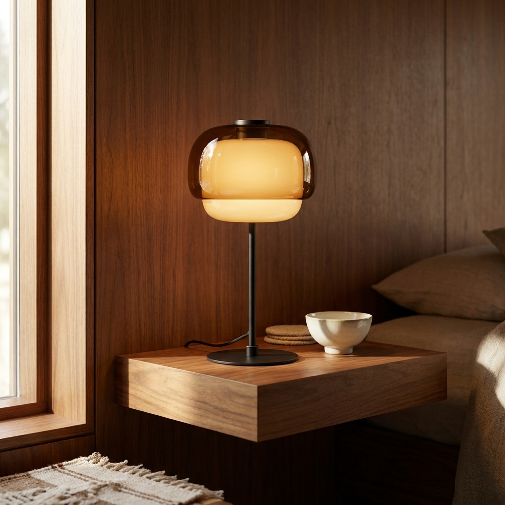Halo Double Dome Glass Table Lamp on wood paneled wall