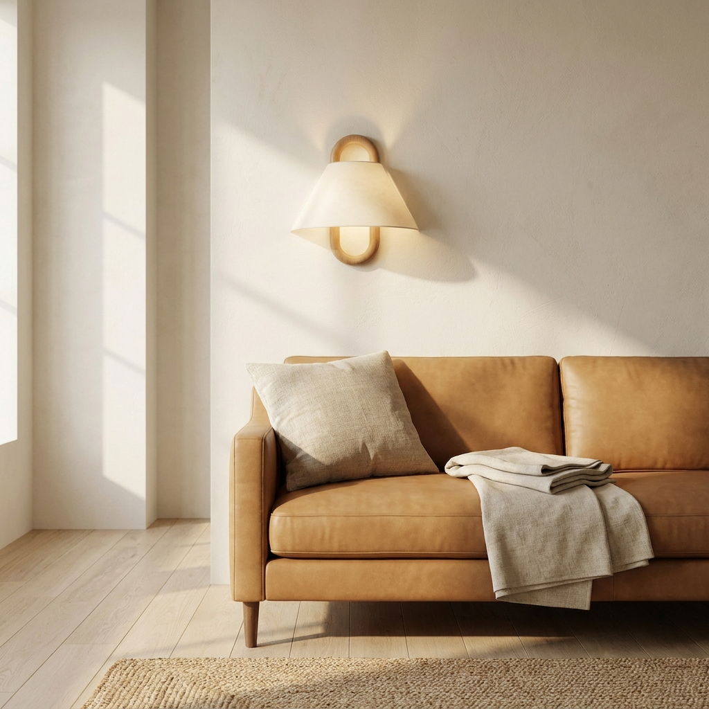 Wren Wood Pleated Fabric Wall Sconce above sofa