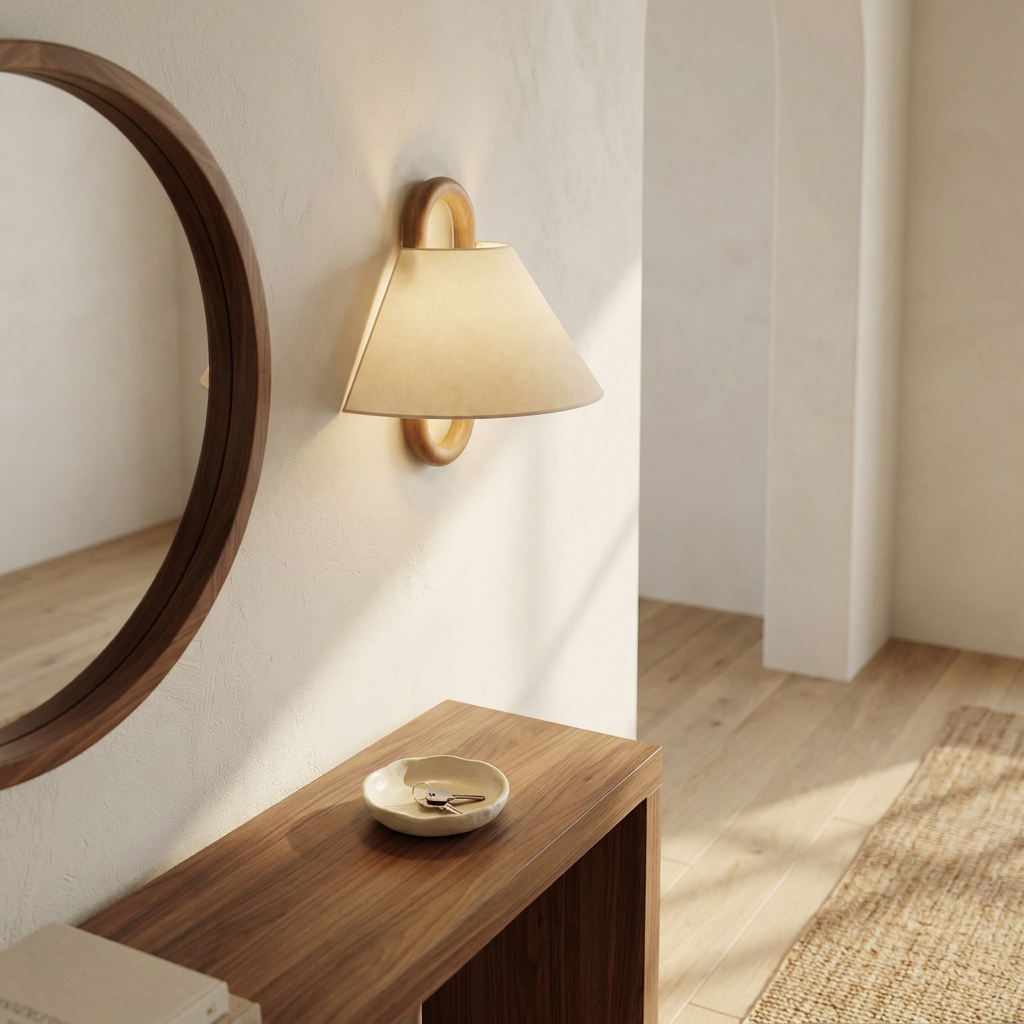 Wren Wood Pleated Fabric Wall Sconce in entryway
