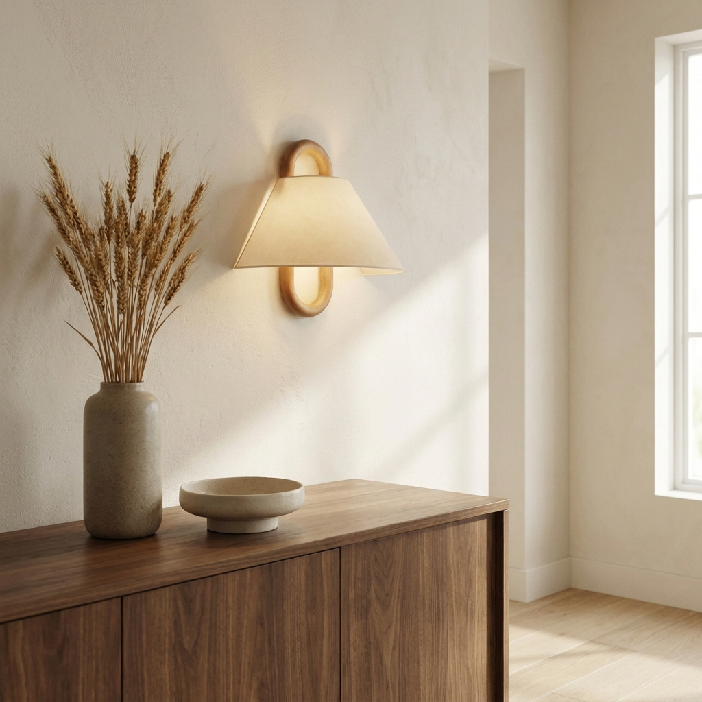 Wren Wood Pleated Fabric Wall Sconce above dining sideboard
