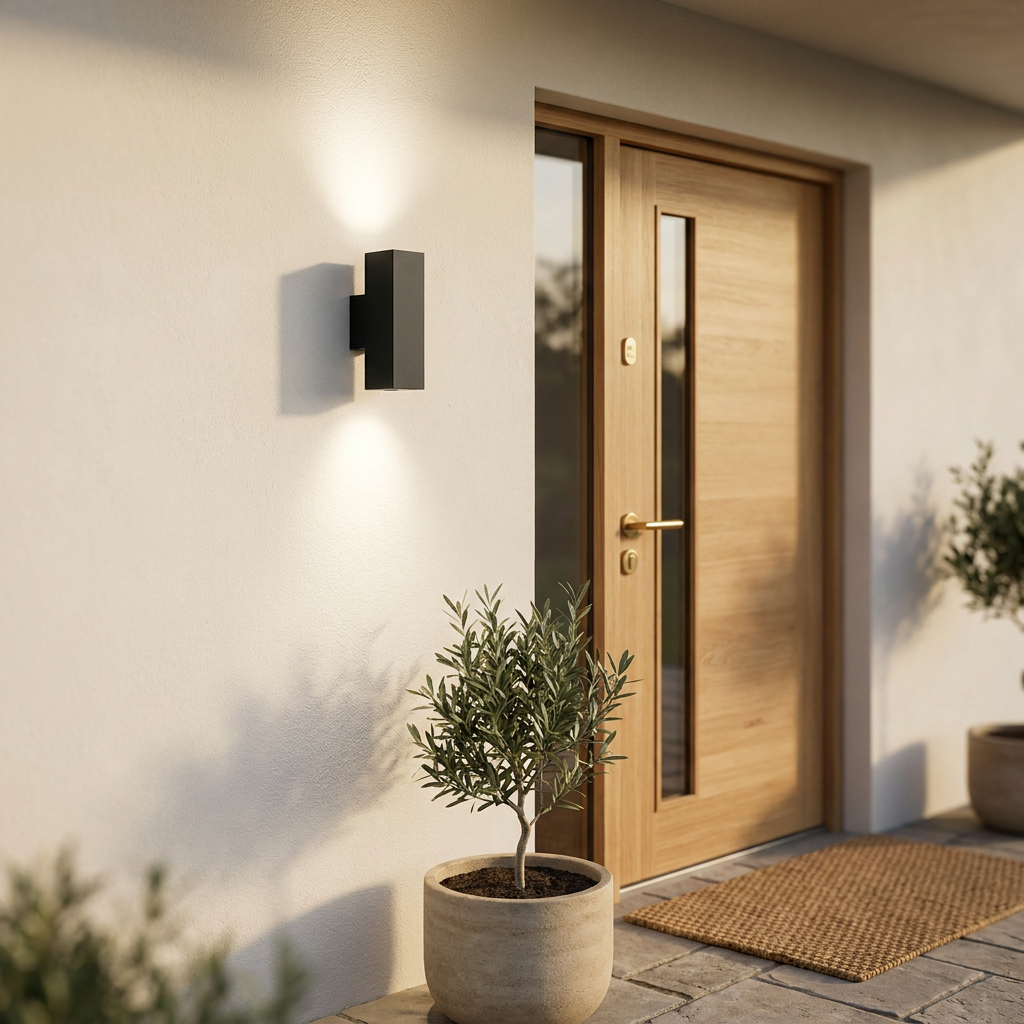 Atlas Nordic Up Down Outdoor Wall Sconce beside front door