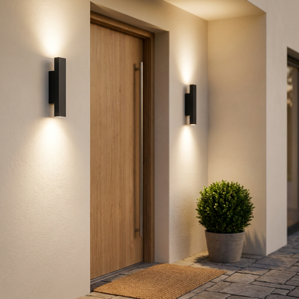 Atlas Nordic Up Down Outdoor Wall Sconce flanking entry door pair