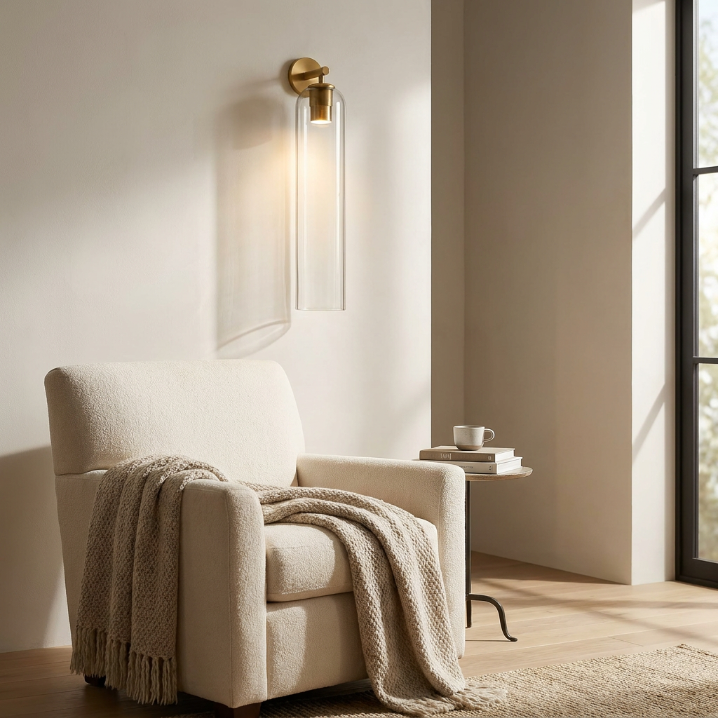 Wren Vertical Glass Tube Wall Sconce reading nook