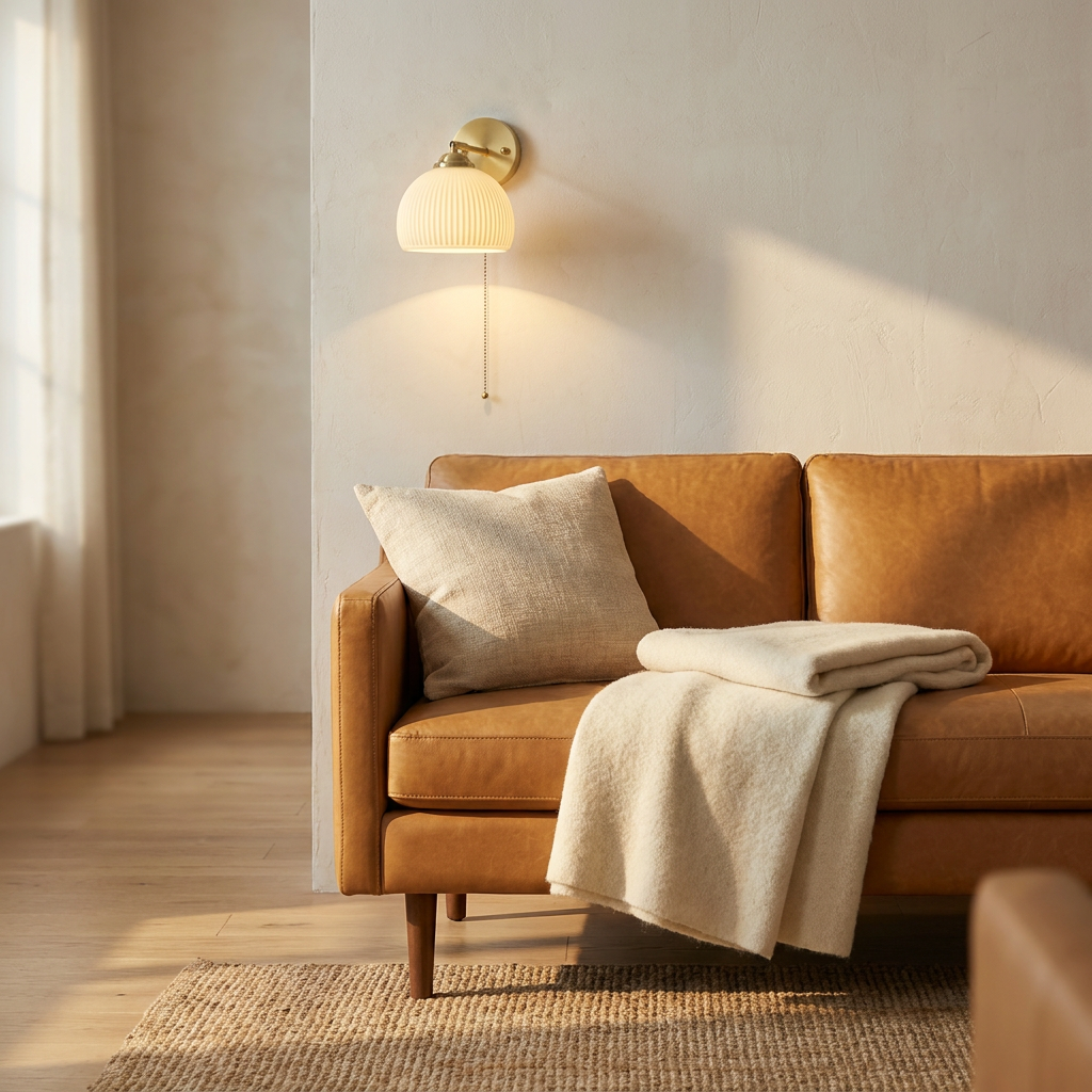 Wren Milk Glass Pull Cord Wall Sconce above sofa