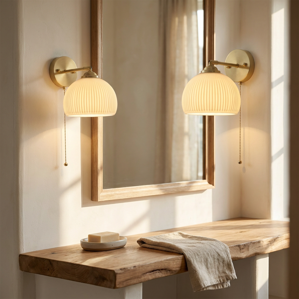 Wren Milk Glass Pull Cord Wall Sconce bathroom vanity pair