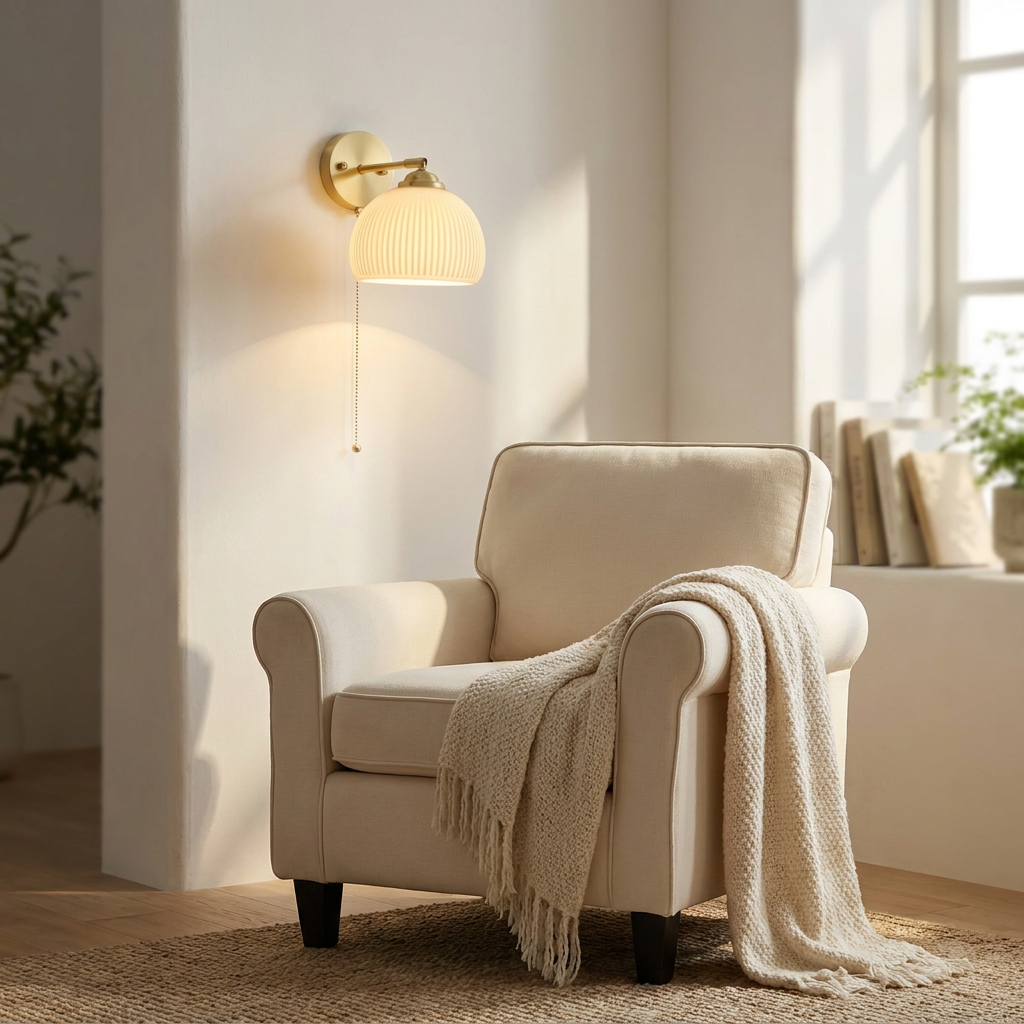 Wren Milk Glass Pull Cord Wall Sconce reading nook