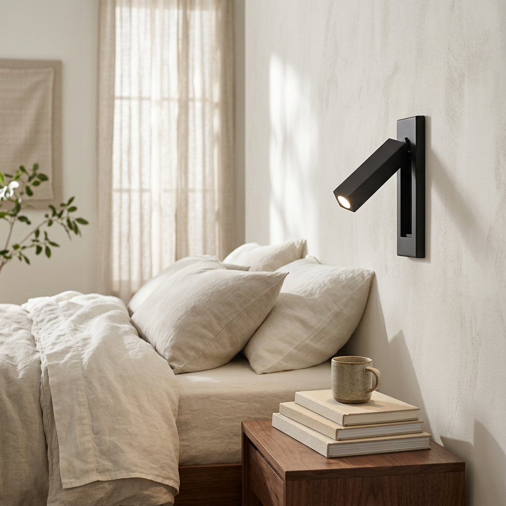 Wren Pull Out Bedside in matte black, bedroom hero