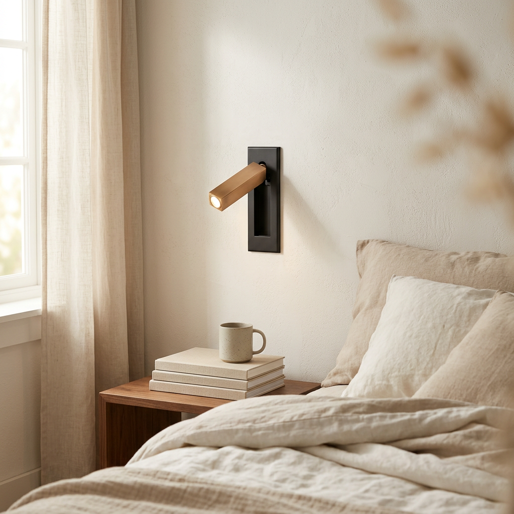 Wren Pull Out Bedside in matte black and copper, bedroom