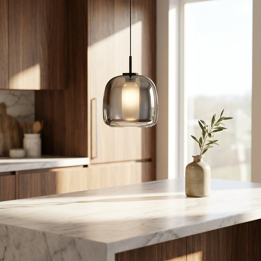 Aurora Smoked Glass pendant in a bright kitchen