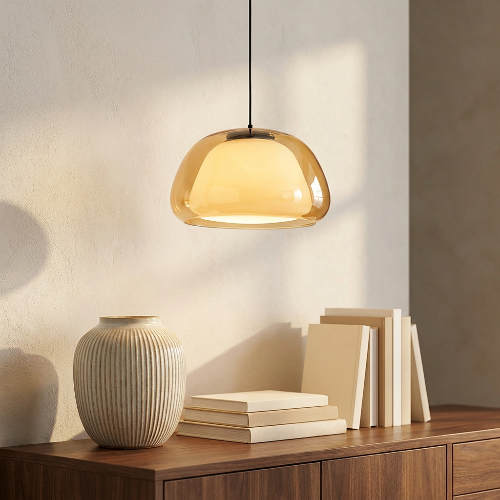 Aurora Milk Glass Jelly pendant above a walnut console