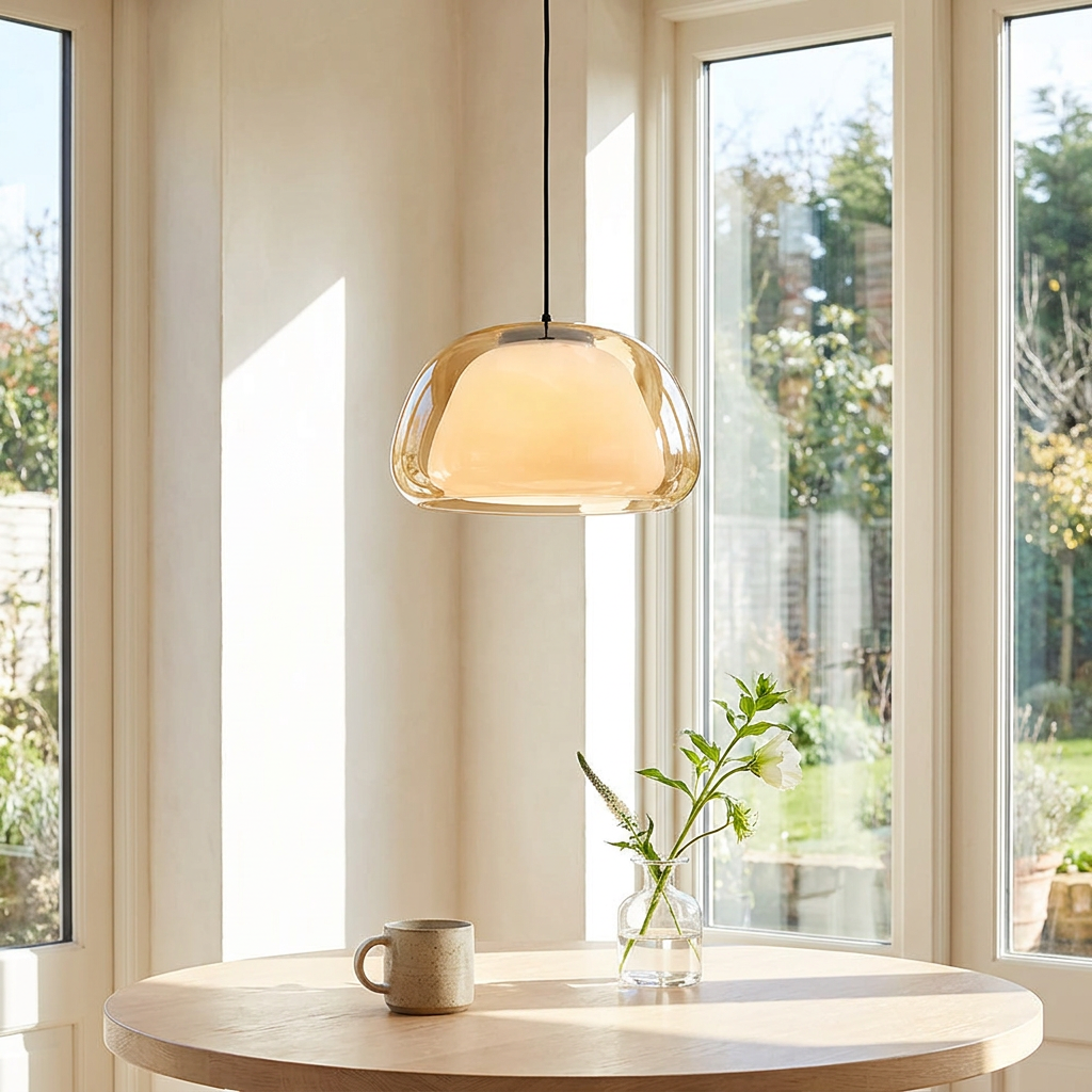 Aurora Milk Glass Jelly pendant in a bright sunroom
