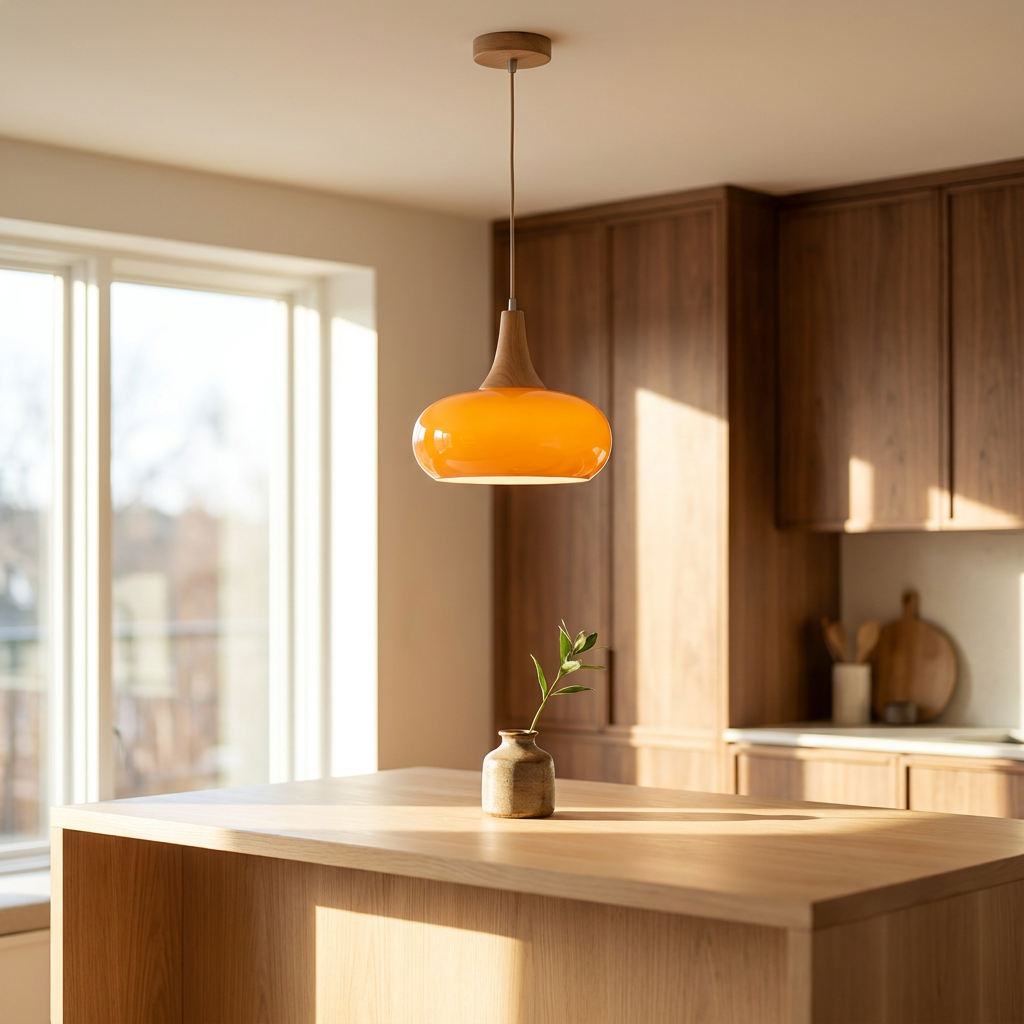 Aurora Japandi Wood pendant above a bright kitchen island
