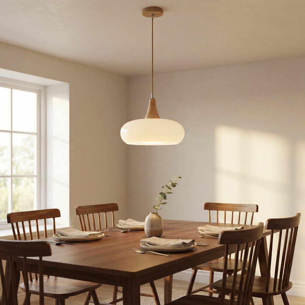 Aurora Japandi Wood pendant in white and wood colorway