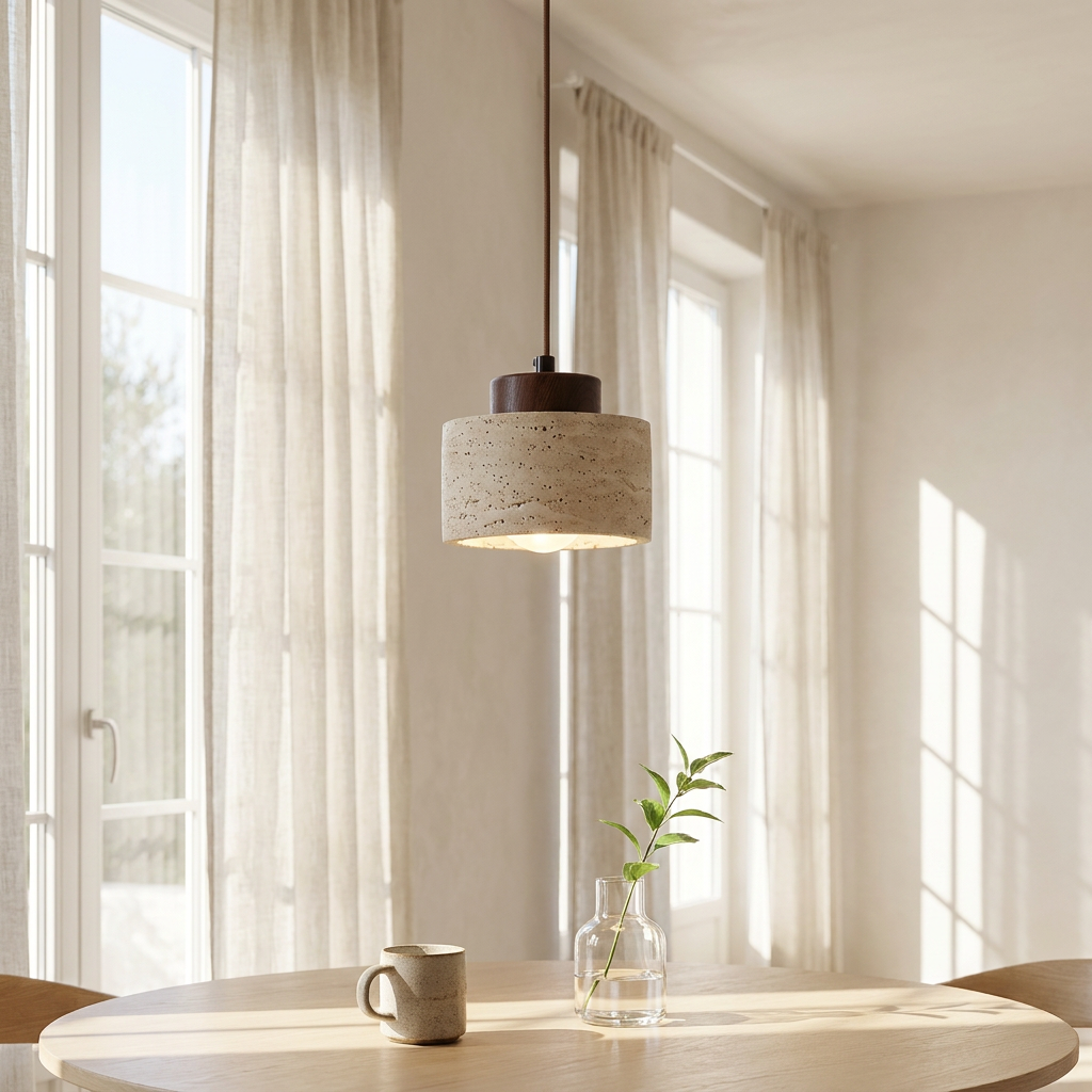 Aurora Travertine Stone pendant in a bright sunroom