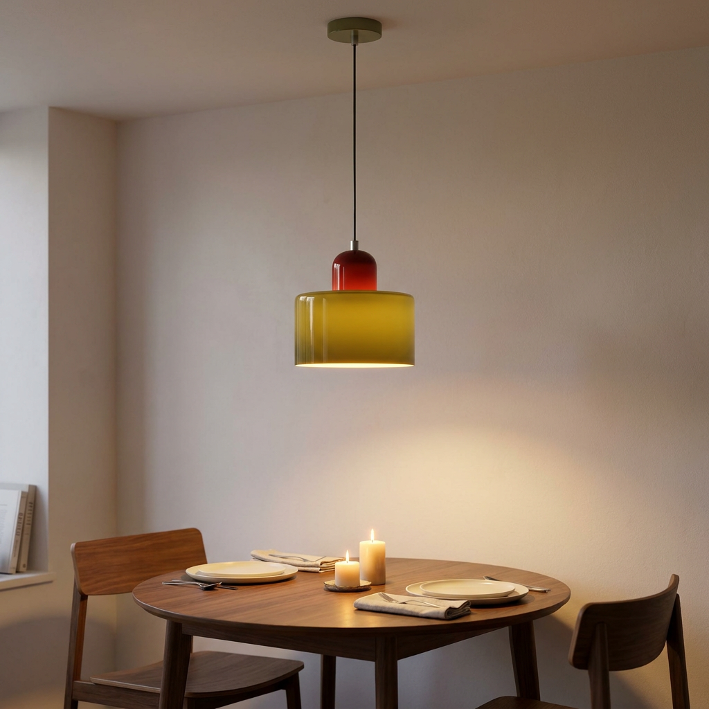 Aurora Bauhaus Round pendant over an evening dining table