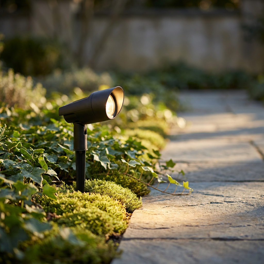 Atlas Solar Zoom Outdoor Spotlight - planting bed close vignette